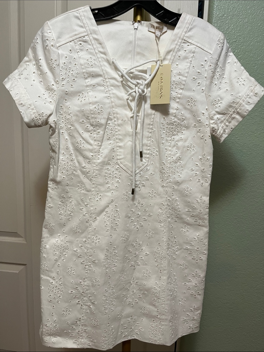 Ramy Brook White Eyelet Lace-Up Denim Dress NWT 4